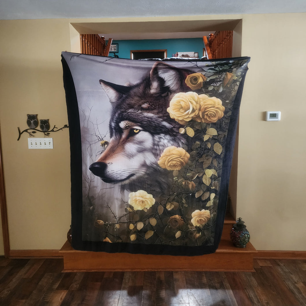 Wolf Yellow Roses Adult Size DSM Squish Double Sided Minky No Backing Blanket Approximately 60x72