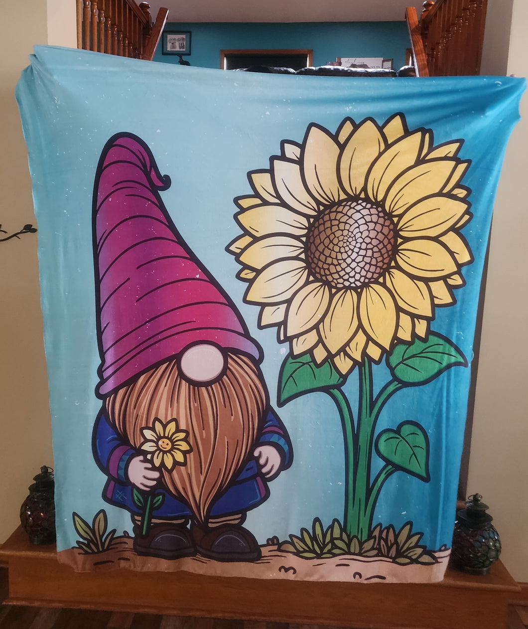 Sunflower Gnome Adult Size DSM Squish Double Sided Minky No Backing Blanket Approximately 60x72