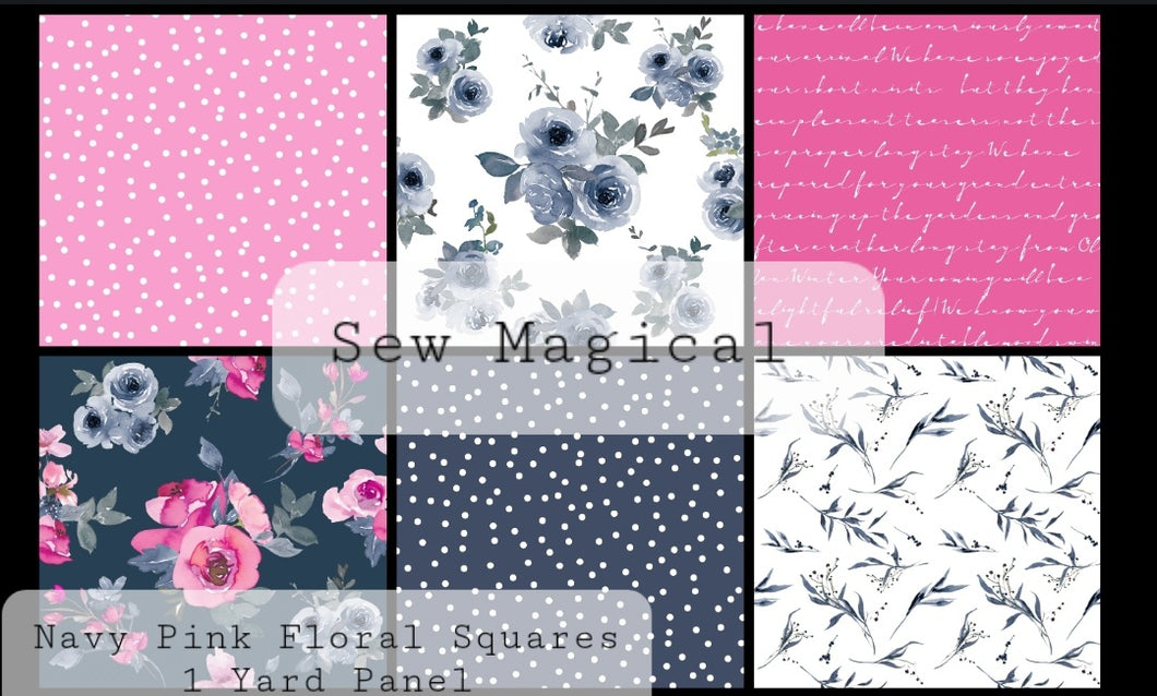 Navy Pink Floral Squares 6Pack  1 Yard Panel