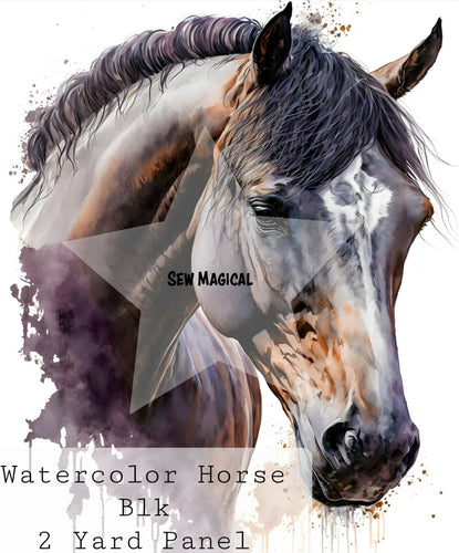 Watercolor Horse Blk 2 Yard Panel