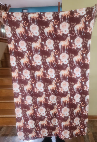 Brown Horse Floral Child / Lap Size DSM Squish Double Sided Minky No Backing Blanket 36x60