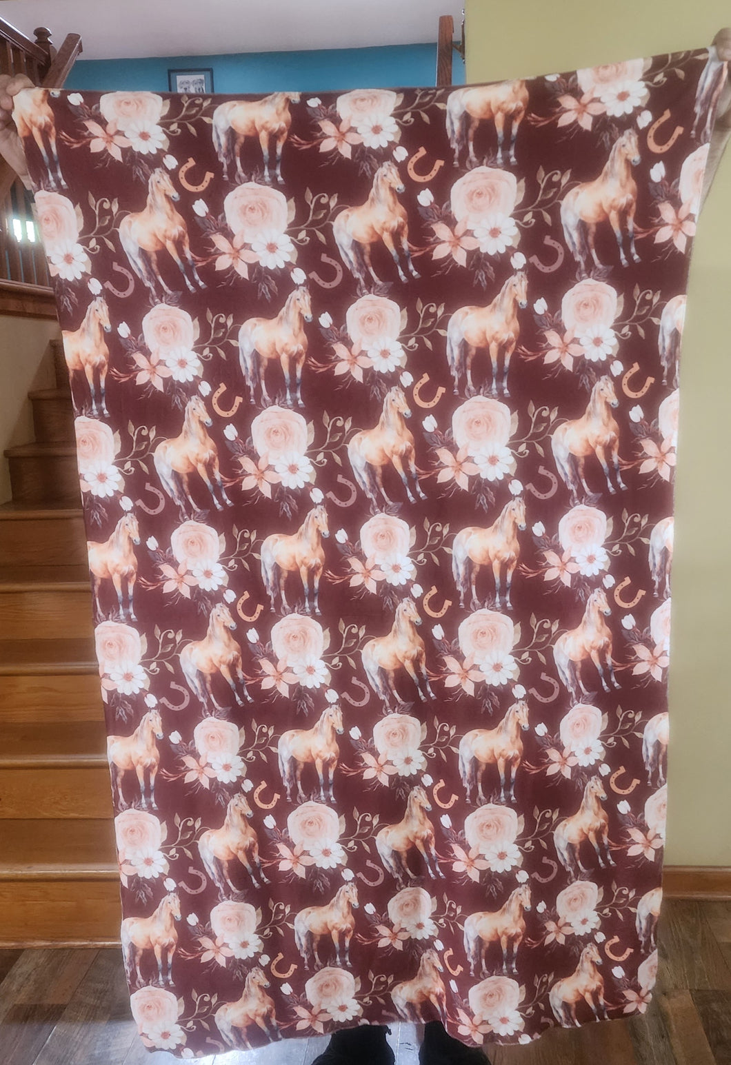 Brown Horse Floral Child / Lap Size DSM Squish Double Sided Minky No Backing Blanket 36x60